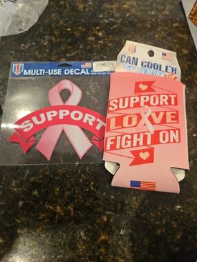 Support Love Fight On Pink Breast Cancer Can Cooler & Decal Set